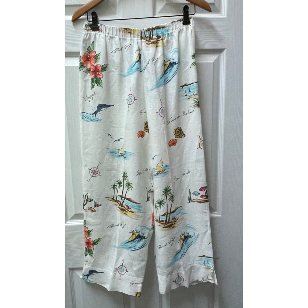 Vintage Hot Cotton Marc Ware Womens S Beach Island Surf Print White Linen Pant - Picture 2 of 14